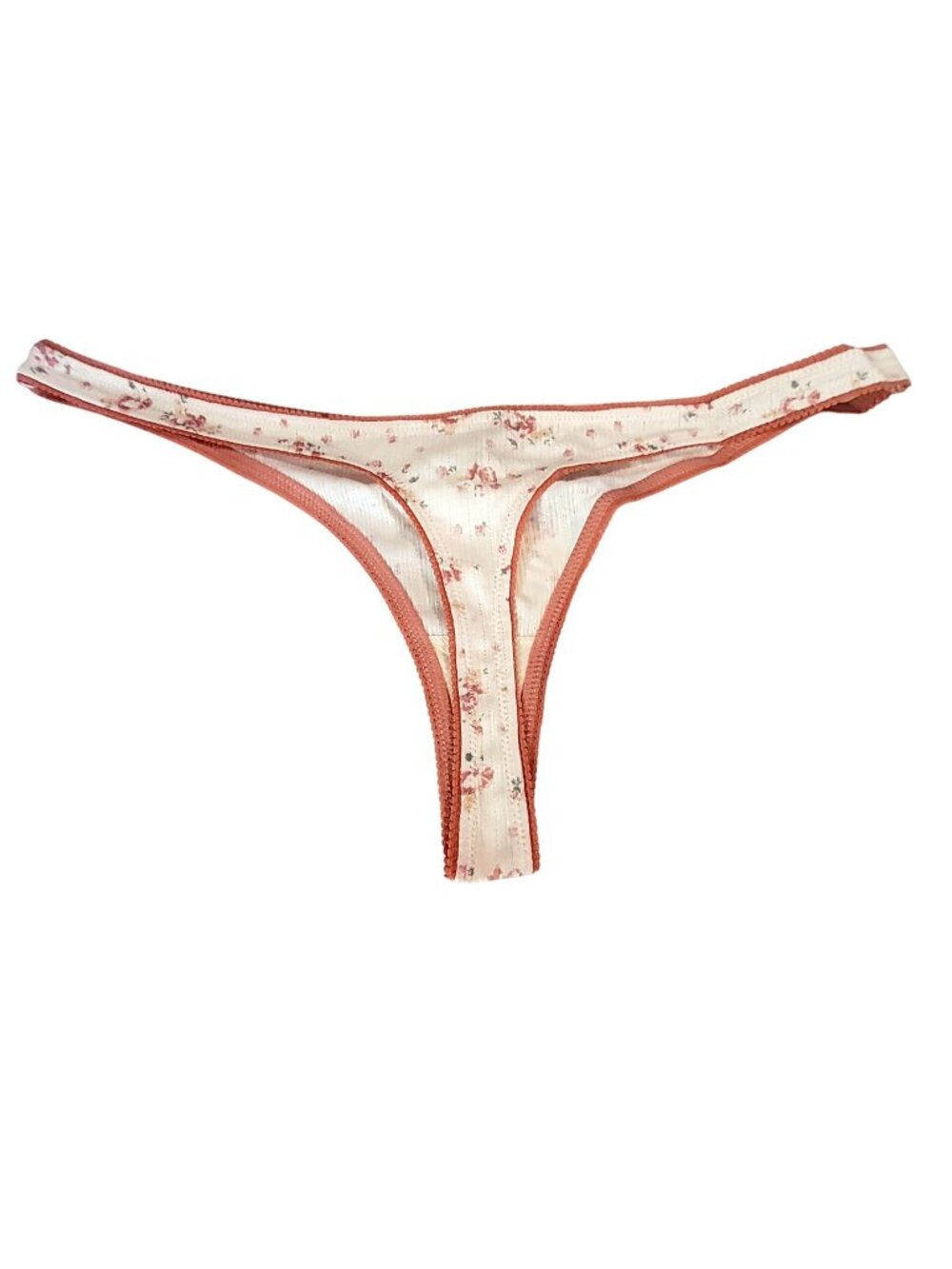 Free People Floral Print Ivory & Peach Trim Thong Panties Size XL Cotton Blend